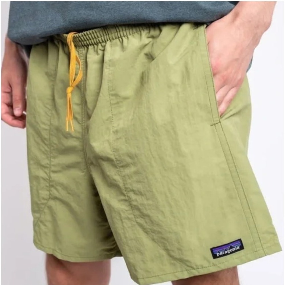 Patagonia Olive Green Athletic Shorts with Yellow Drawstring